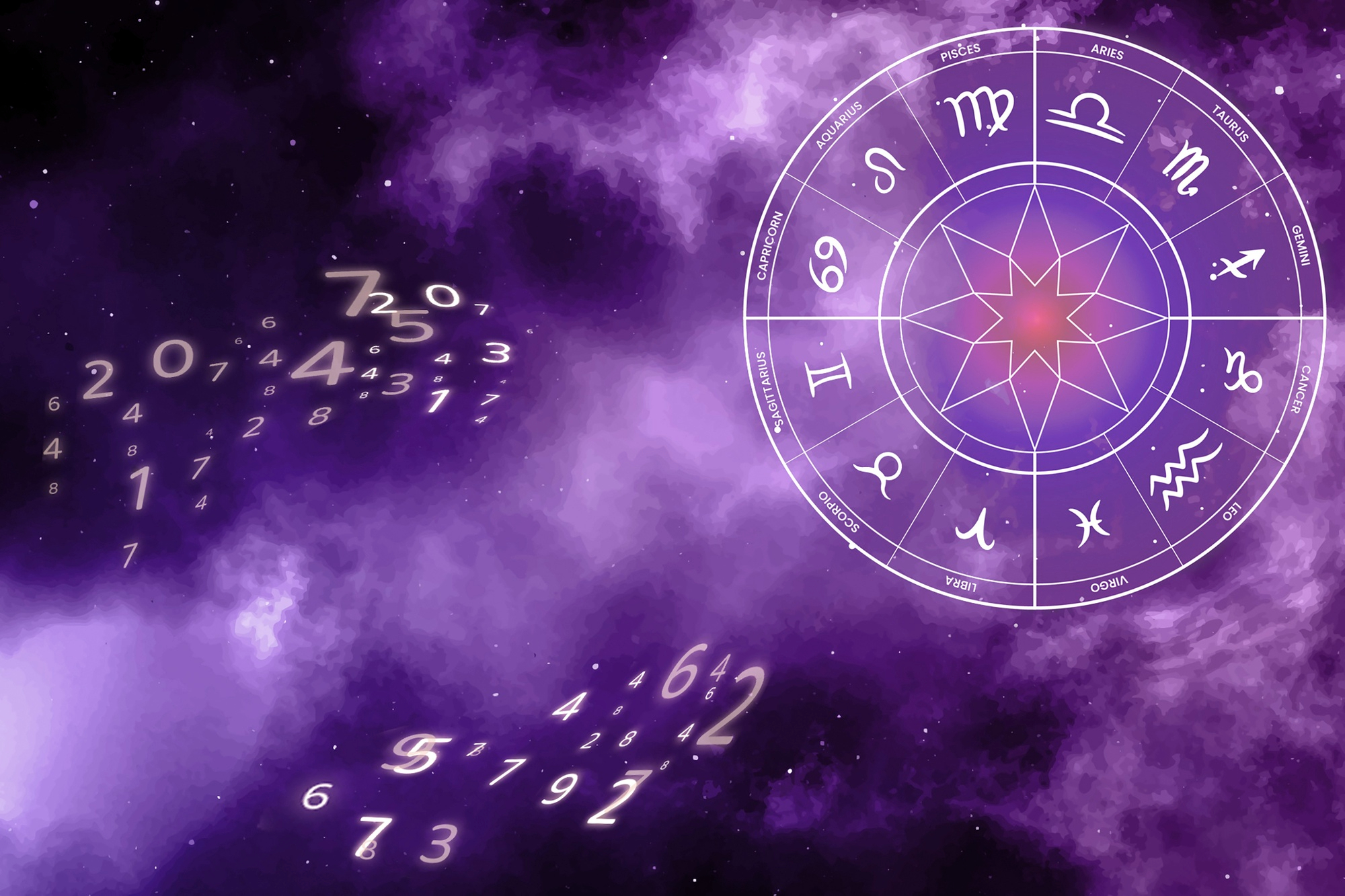 Roda astrol&oacute;gica roxa com numerologia no fundo c&oacute;smico, simbolizando 2026 como ano marcante da d&eacute;cada, com expans&atilde;o, visibilidade e revolu&ccedil;&atilde;o na comunica&ccedil;&atilde;o, al&eacute;m de tens&otilde;es e retrograda&ccedil;&otilde;es importantes