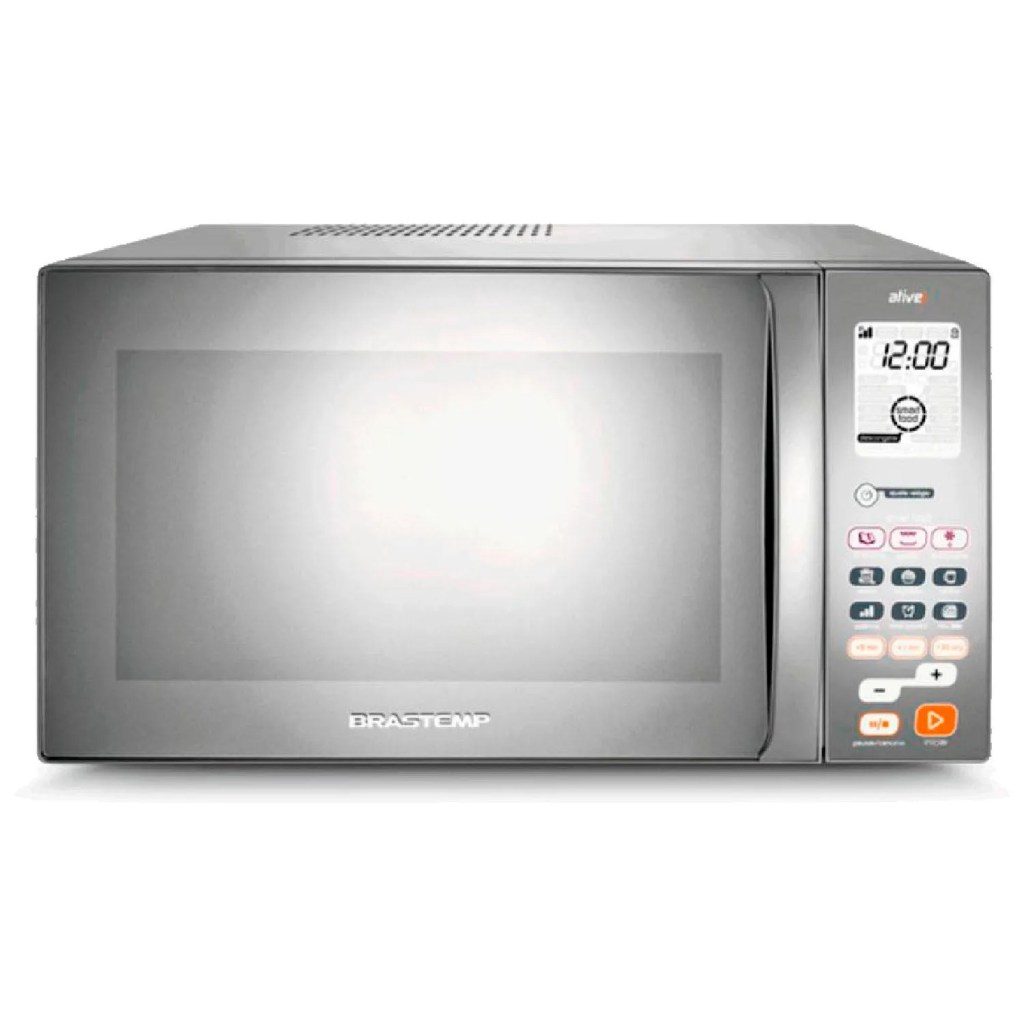 Foto de um forno microondas da Brastemp. Ele &eacute; prata