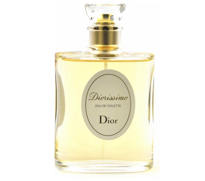 Frasco do perfume Diorissimo Eau de Toilette, da Dior, com l&iacute;quido amarelado e design cl&aacute;ssico, fragr&acirc;ncia floral elegante associada ao estilo sofisticado da princesa Diana