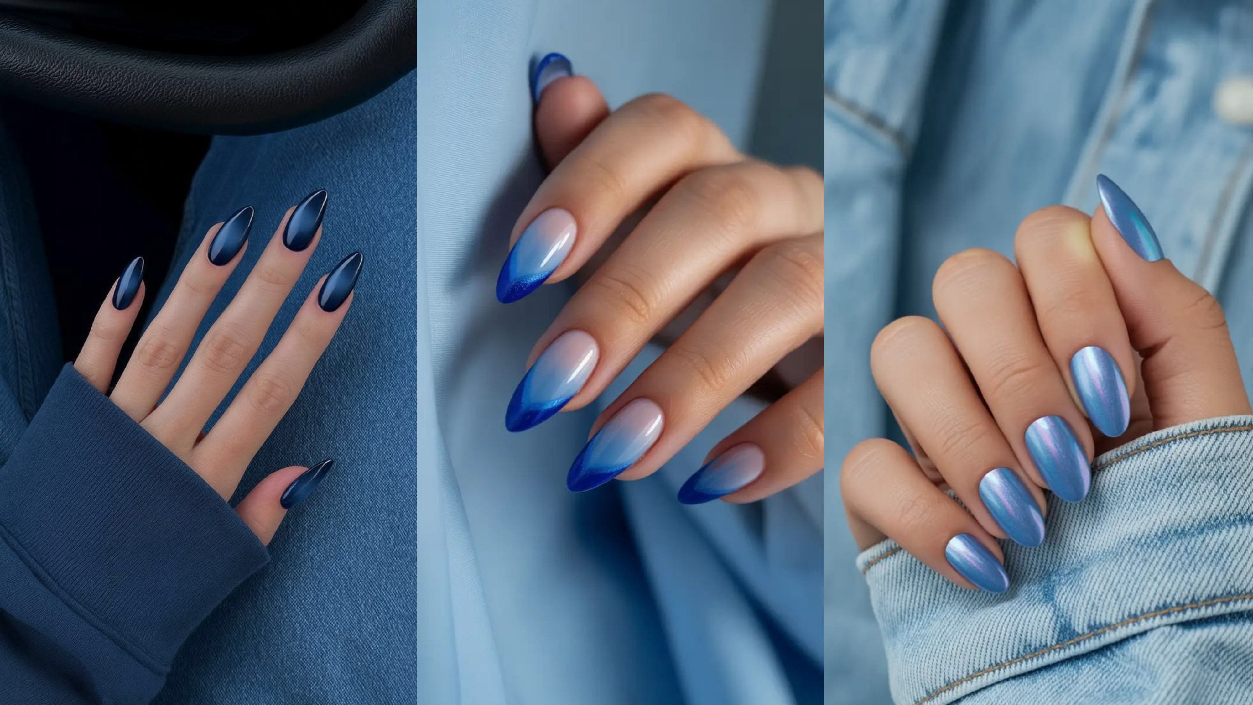Mãos com unhas em tons de azul, incluindo acabamento fosco, degradê e metálico, mostrando diferentes estilos de nail art.